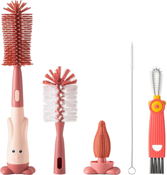 5-in-1 Baby Bottle Brush Set, Bottle Brush for Baby, Baby Bottle Scrubber, Including Silicone & Nylon Bottle Brush, Bottle Cap Brush, Straw Brush, Nipple Brush, BPA-Free (Red)