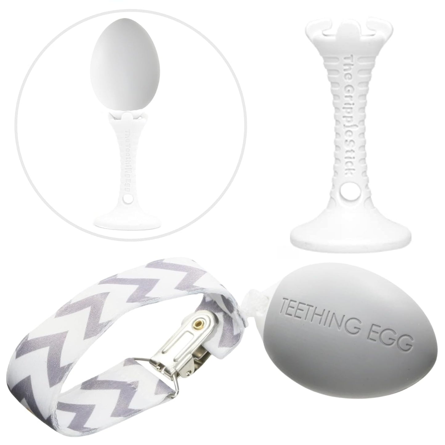 The Teething Egg and Grippie Stick - Baby Development Teething Toys 3, 4, 6, 12 Up to 18 Months Old Boy or Girl, Sensory Toys, A Baby Registry Must Have Teether, Gray