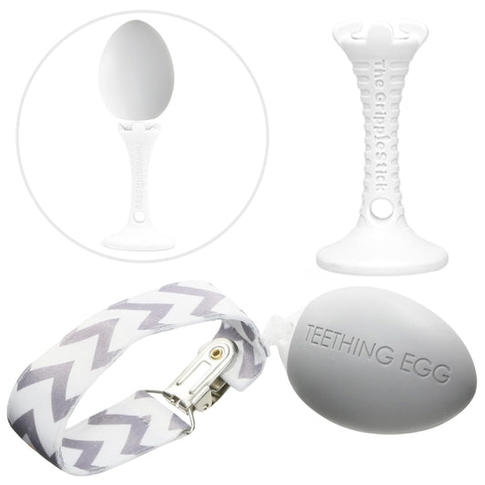 The Teething Egg and Grippie Stick - Baby Development Teething Toys 3, 4, 6, 12 Up to 18 Months Old Boy or Girl, Sensory Toys, A Baby Registry Must Have Teether, Gray