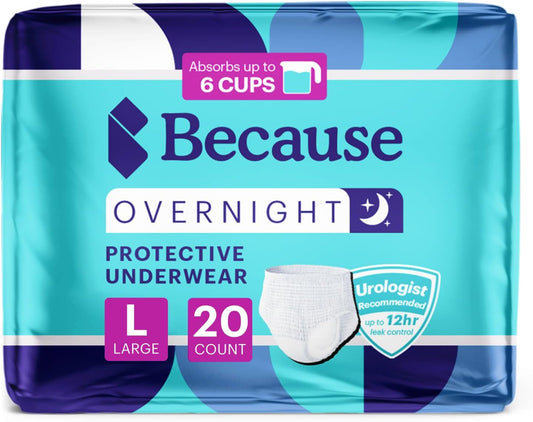 Because Overnight Absorbency Pull Ups - Adult Disposable Incontinence Underwear, Extra Absorbent Nighttime Briefs for Men and Women, White, Large, 20 Count