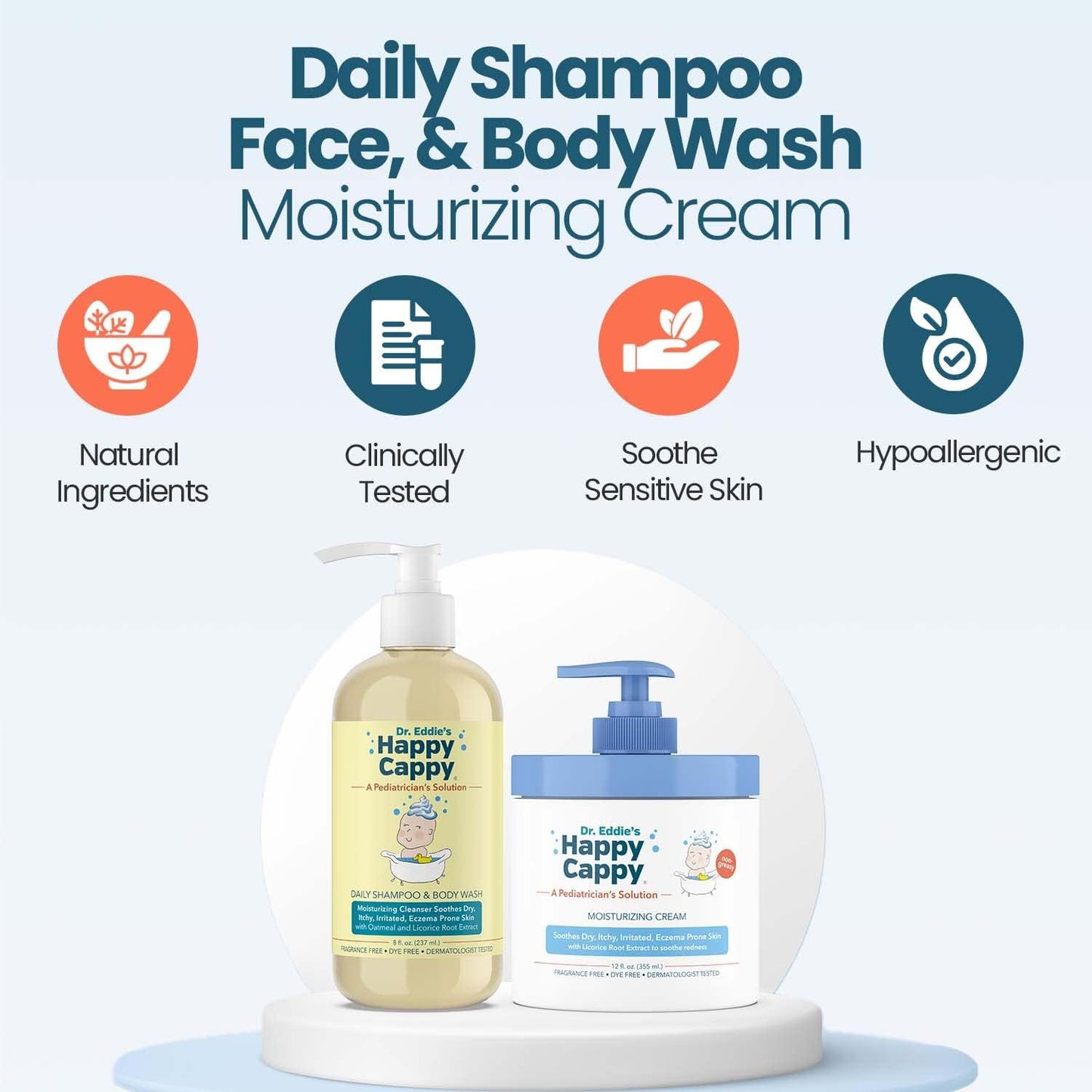 Happy Cappy Baby Shampoo, Body Wash, & Moisturizing Cream Bundle - Eczema Body Wash and Lotion for Kids & Toddlers, Helps with Dryness, Reduces Itching, Dermatologist Tested, Fragrance-Free