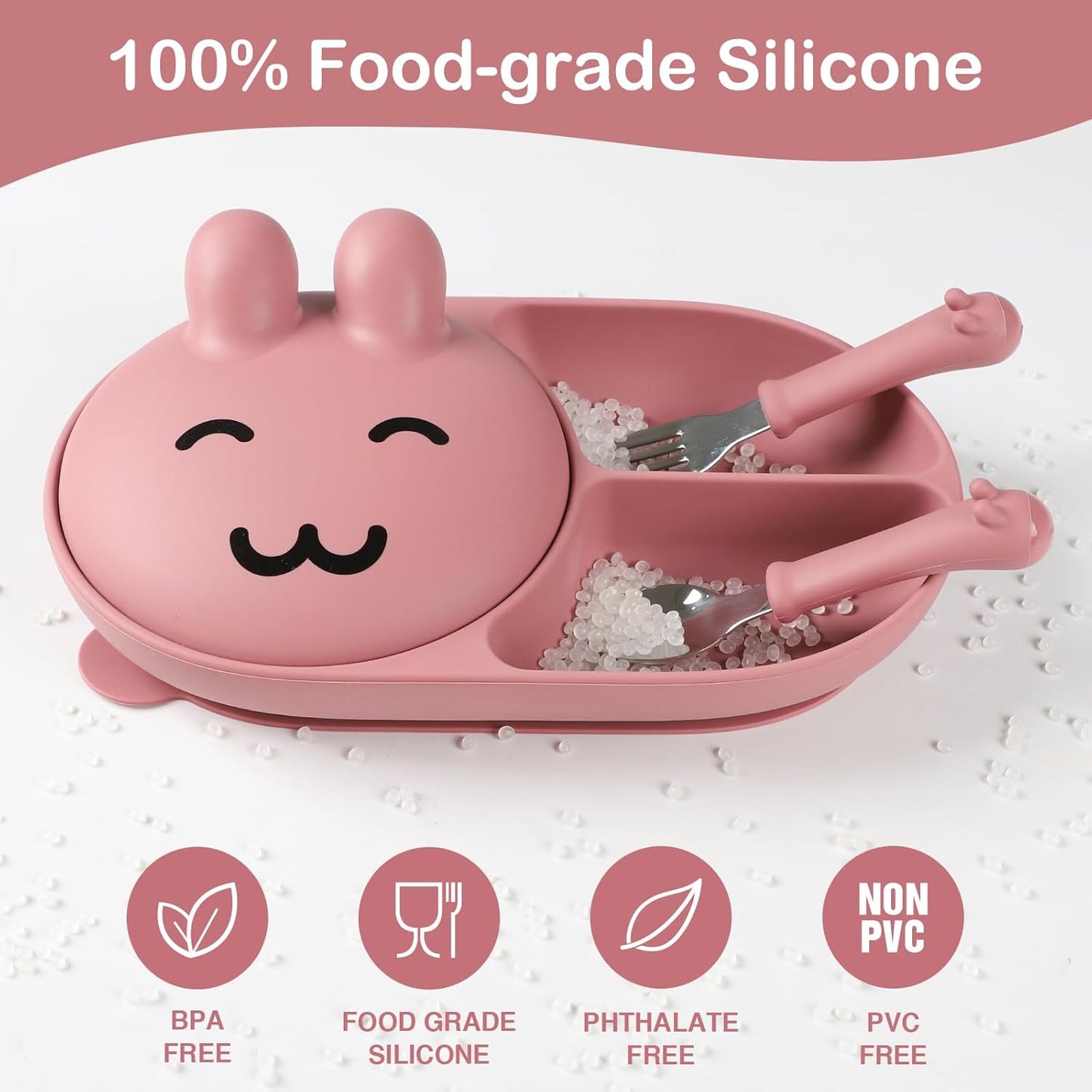 Silicone Baby Plate,Toddler plates,Self-feeding of infants after weaning, 100% Food Grade Silicone, BPA Free, Including Fork and Spoon, Baby Plates With Suction, Divided Plate for Babies (pink)