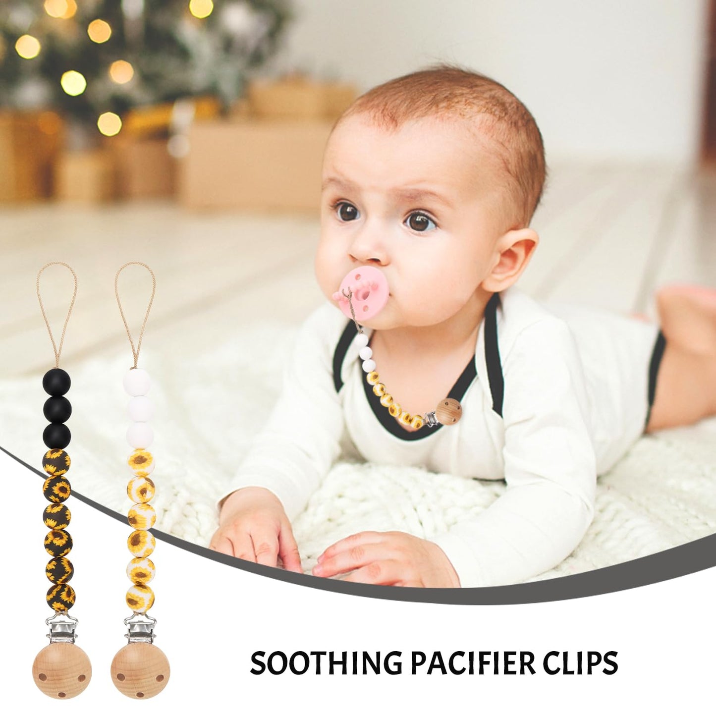 Pacifier Clips, 2PCS Silicone Soother Clips, BPA Free Pacifier Clip Pacifier Holder for Newborn Baby Boy Girl Gifts, Sunflower
