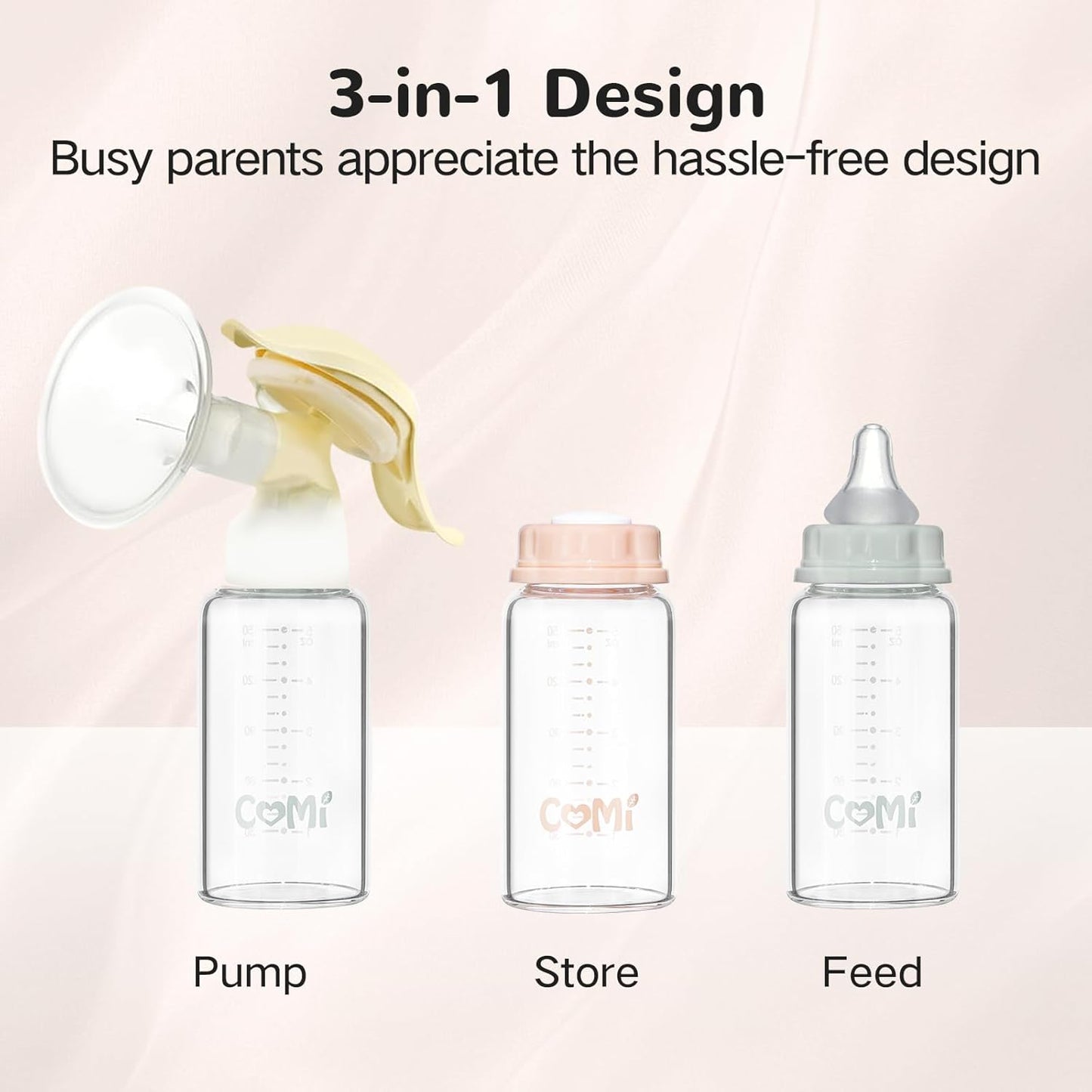 COMI Natural Glass Baby Bottle,Standard Neck Breastmilk Storage Bottle for Fridge,Breast Milk Container,Breast Pump Bottle Compatible with Medela Breast Pump,BPA Free,6PCS (5oz,6 Pink Lids)