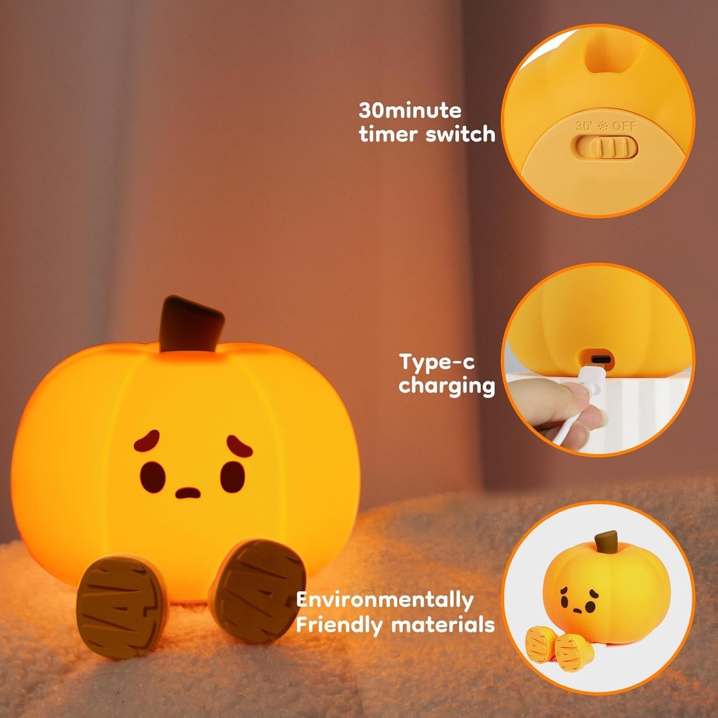 Pumpkin Night Light, Cute Silicone Night Light for Kids, Squishy Touch Nightlight Rechargeable Dimmable for Nursery Lamp for Breastfeeding, Halloween Decor, Office Desk and Kids Room Décor
