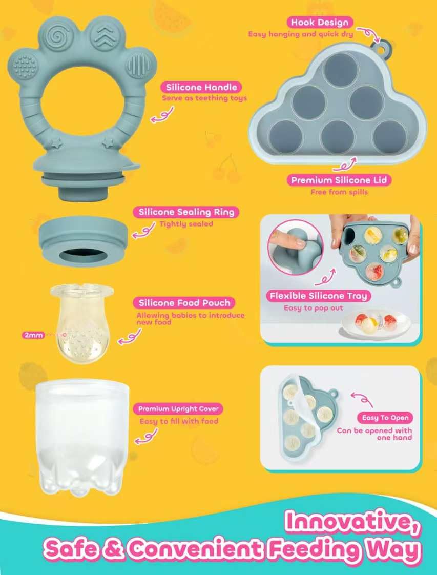 Baby Popsicle Molds & Food Feeder Set, Baby Fruit Feeder for Infant Teething Relief & Safe Infant Self Feeding 4 Months+ Starting Solids for Essentials (Beige)