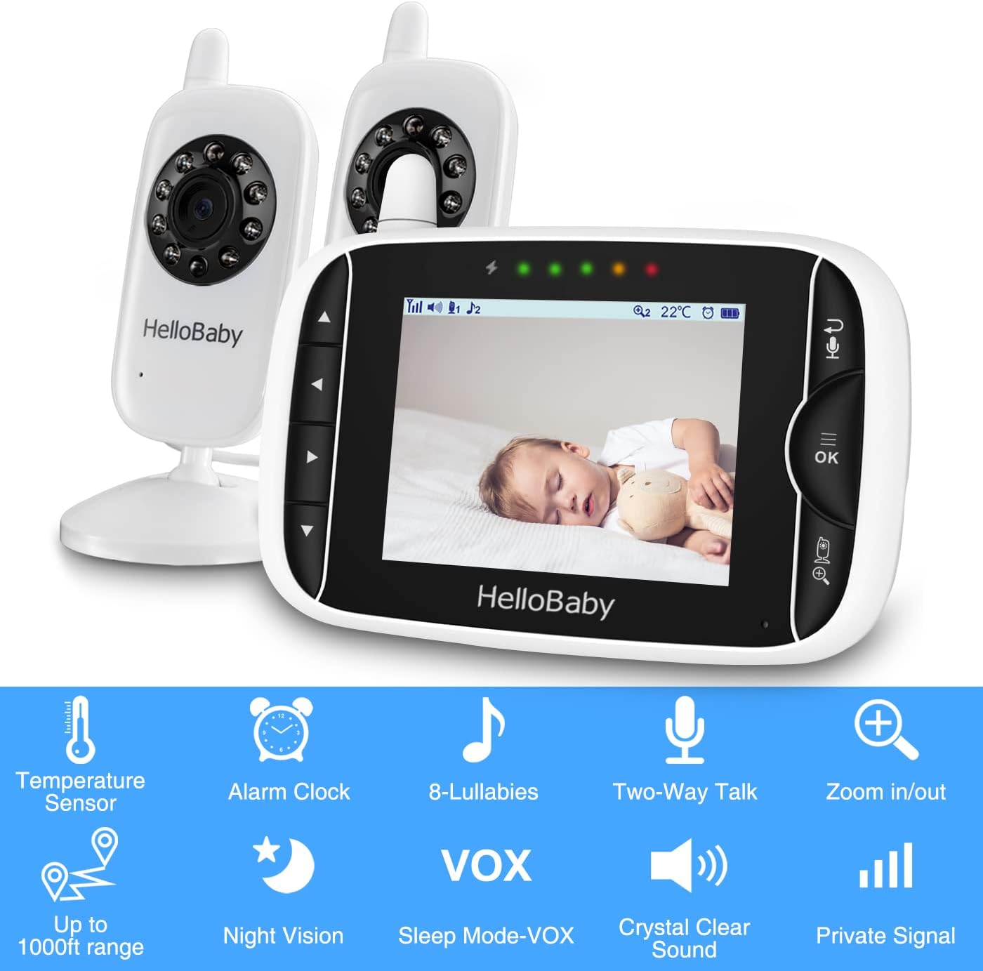 HelloBaby Baby Monitor with 2 Cameras, Baby Monitor No WiFi, Night Vision, 2-Way Audio, Remote Pan & Tilt, 2X Zoom, ECO Mode, 8 Lullabies, Sound Activated Screen