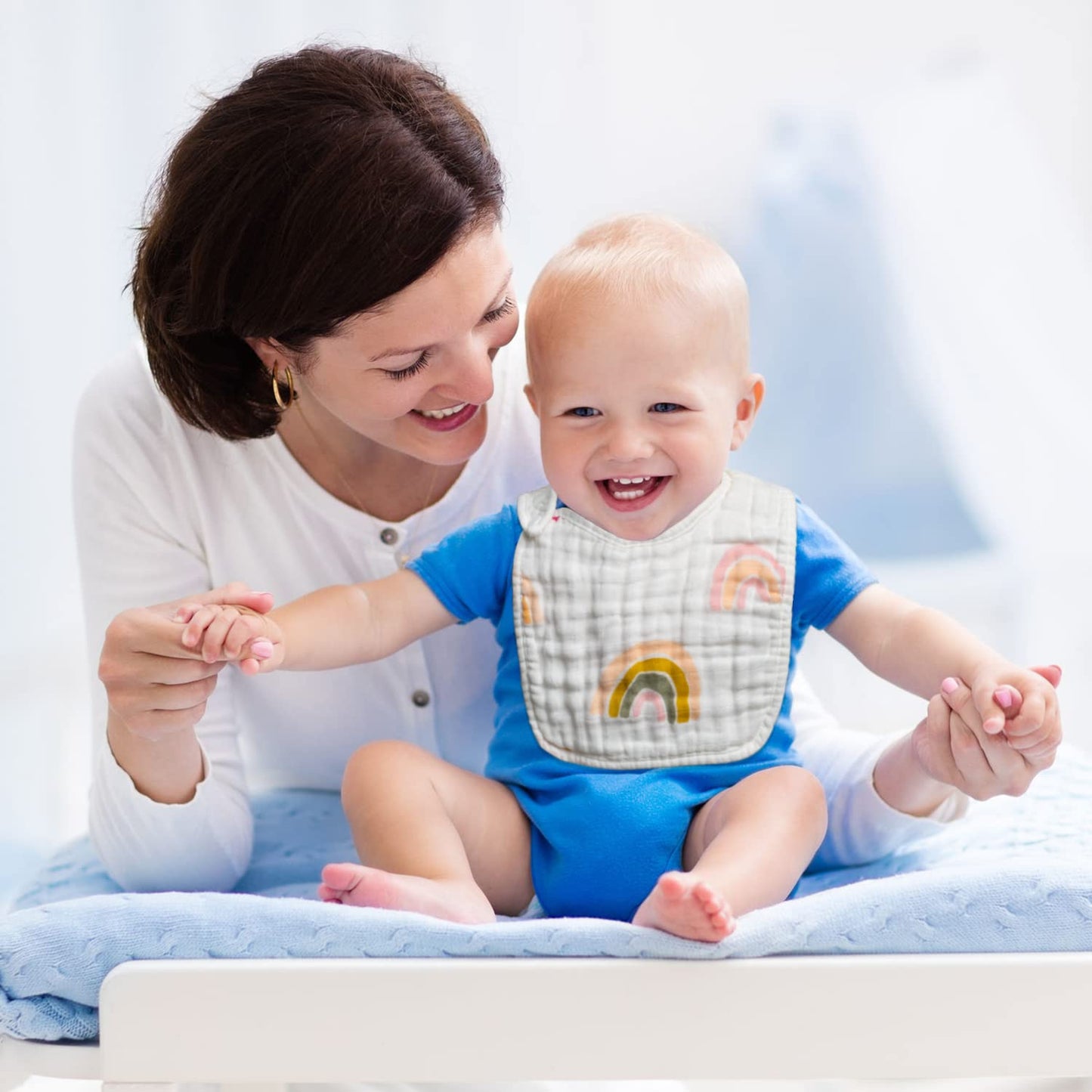 Zainpe 6Pcs Snap Muslin Cotton Bibs for Baby Rainbow Unicorn Flamingo Machine Washable Burp Cloths with 6 Absorbent Soft Layers for Girl&Boy Infant Newborn Toddler Feeding Drooling Teething