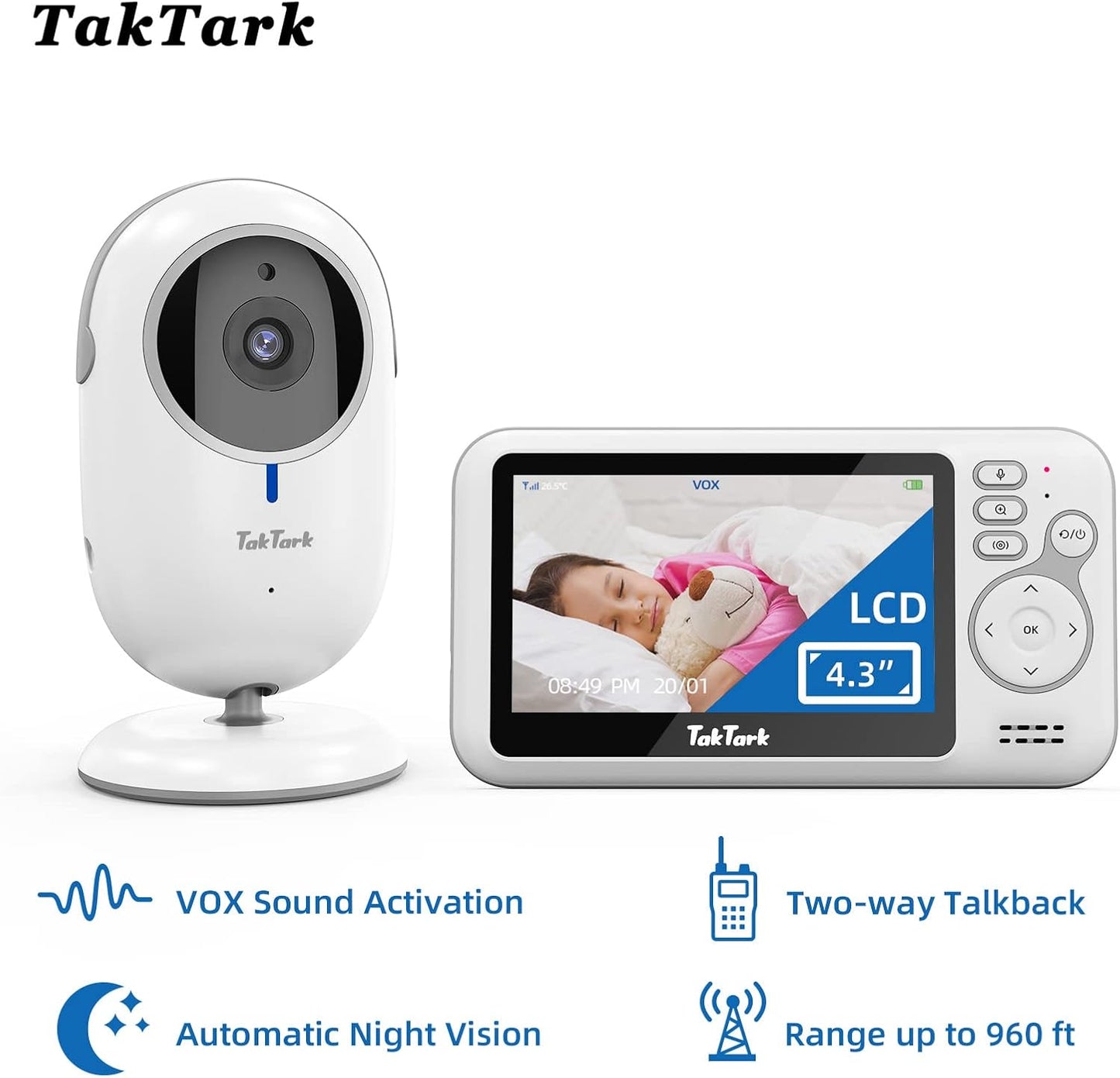 TakTark Baby Monitors with Camera and Audio, 4.3 inches, No Wi-Fi, 2 Way Audio, Night Vision, Digital Zoom, VOX Power Saving, Room Temperature, Ideal for New Parents