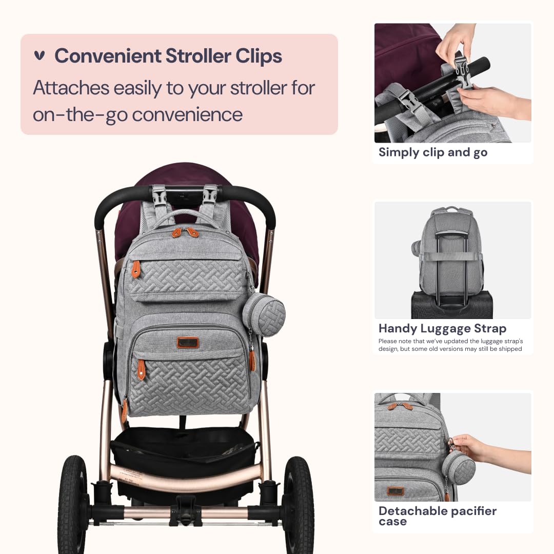 BabbleRoo Diaper Bag Backpack, Travel Backpack with Changing Pad, Pacifier Case & Stroller Straps, Multifunction, Waterproof, Unisex – Light Gray