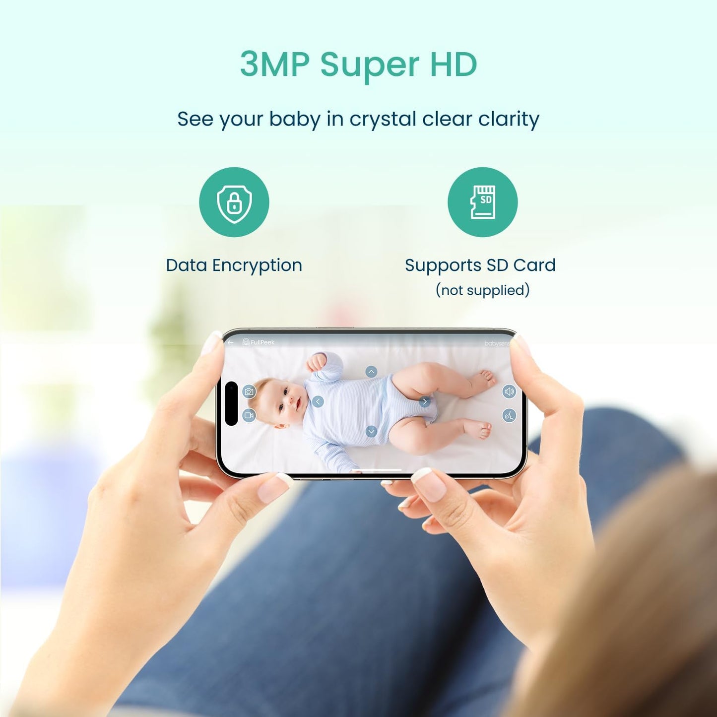 Babysense FullPeek 3MP Video Baby Monitor, WiFi Security Camera with Auto Tracking, Intelligent Motion & Sound Detection, Night Vision, Private Hidden Lens Mode, Supports SD Card