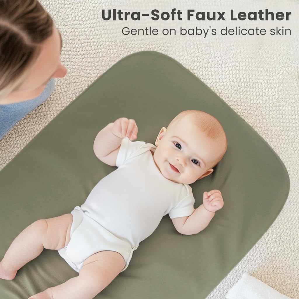 Konssy Faux Leather Baby Changing Mat, Waterproof, Wipeable & Portable Diaper Changing Pad for Travel or Home, Fits Perfectly in Diaper Bag, 30 x 17 inches (Fog Green,Beige)