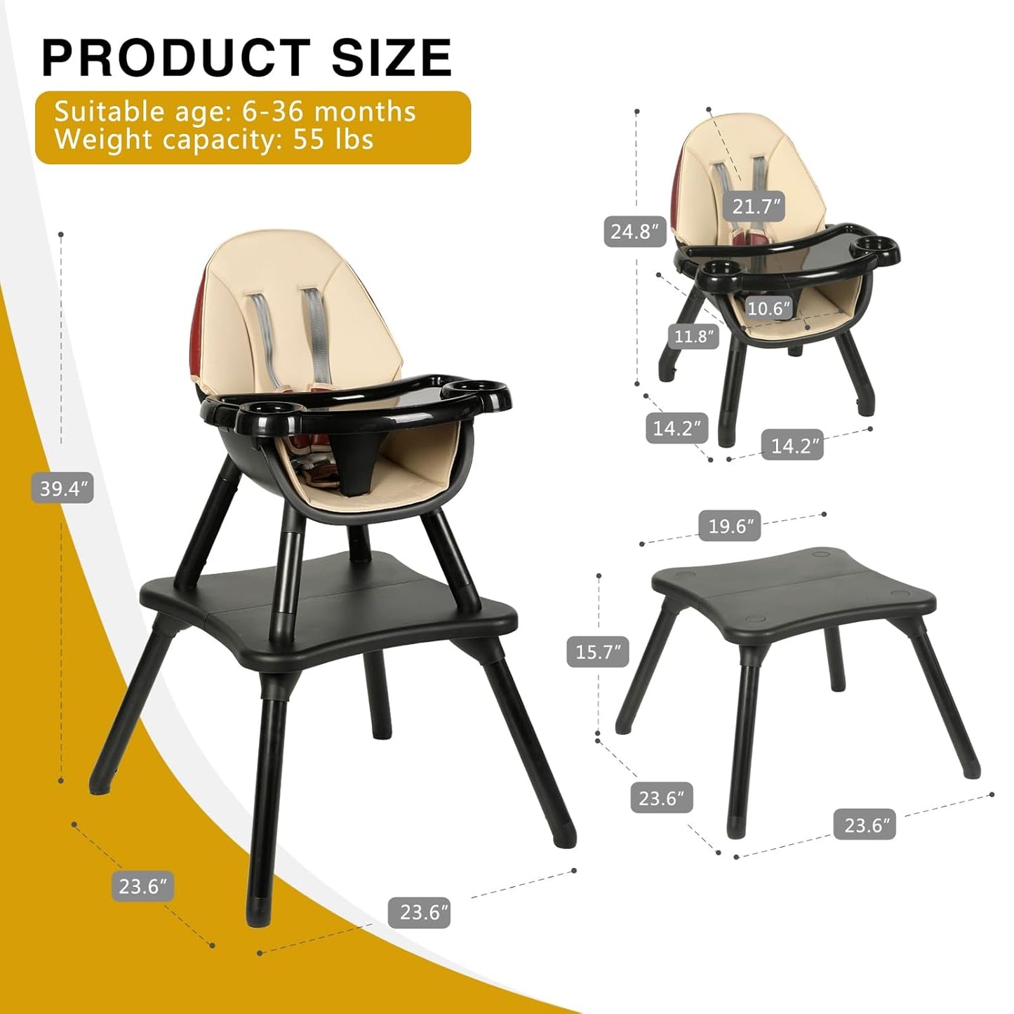 Gofirst 6 in 1 Baby High Chair,Convertible High Chairs for Babies and Toddlers/Booster Seat/Table and Chair Set,Baby Feeding Chair/5-Point Harness,4-Position Removable Tray&PU Cushion Baby Highchair