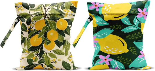 2Pcs Summer Lemon Wet Bag 12x10 Inch, Rustic Lemon Waterproof Travel Laundry Bags, Washable Reusable Wet Dry Bag for Swimsuit Beach Diapers Dirty Yoga Gym Clothes, Plant Gifts for Women Friend