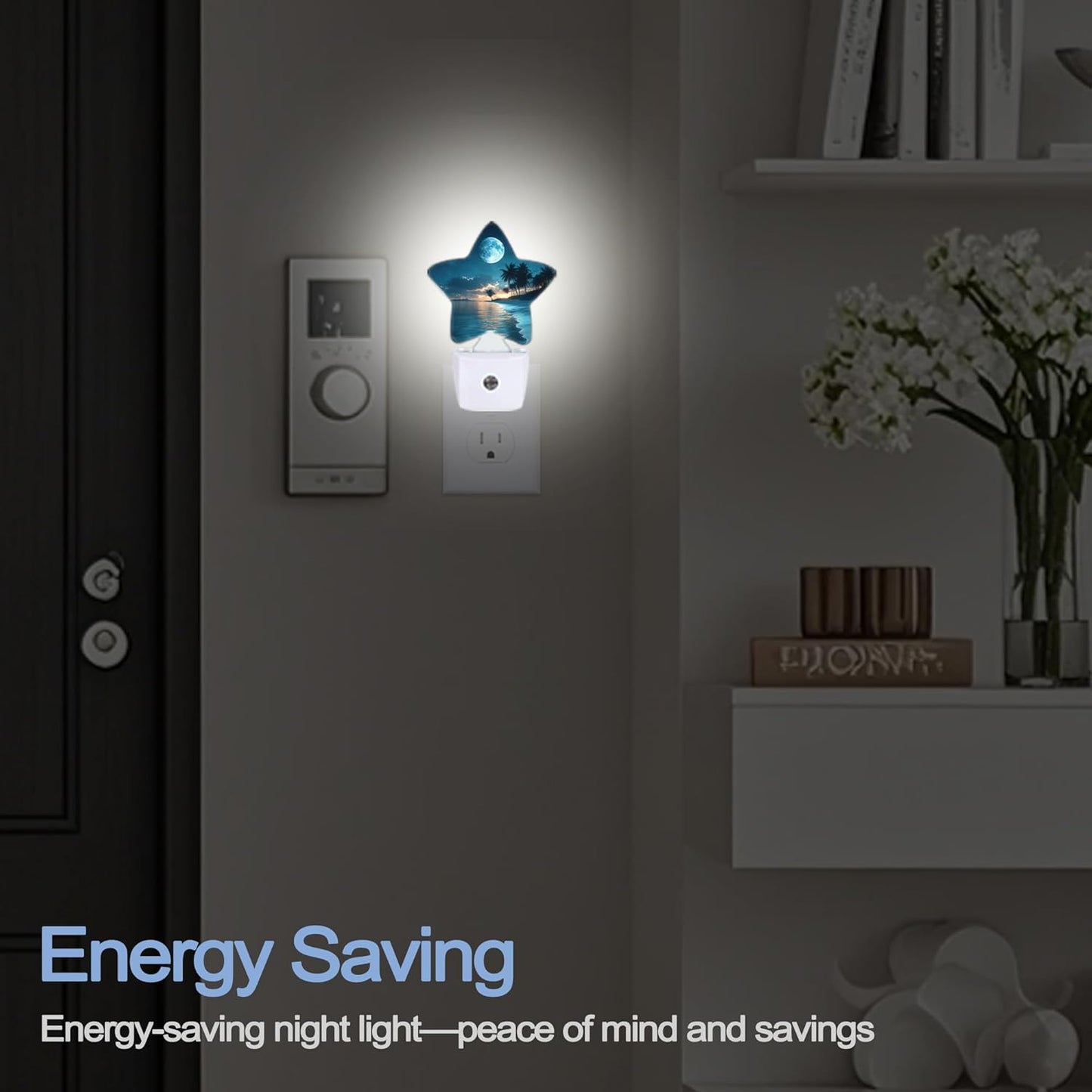 Moon Beach Night Light,Tropical Palm Tree Plug-in Star Night Lights with Dusk-to-Dawn Sensor for Bedroom,Bathroom,Living Room Sleep Friendly Lamp for Women Girls Boys Gift,0.5W