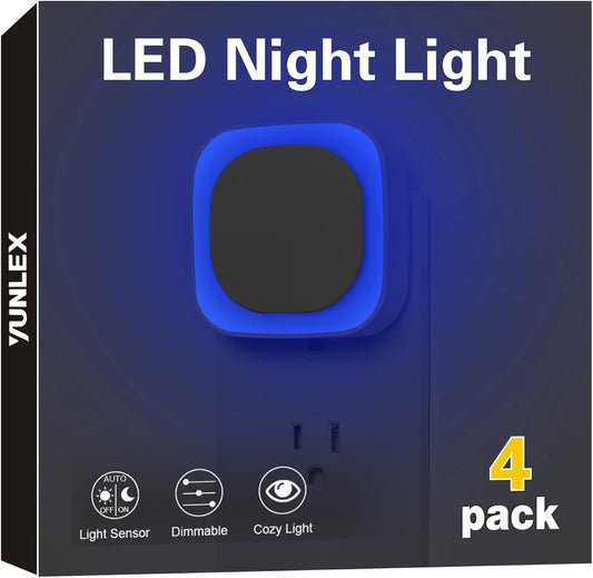 4 Pack Plug in Dimmable Night Light, Blue Nightlight, Auto Dusk to Dawn Sensor, LED Night Light, Soft Glow, Diffused Light for Bathroom, Hallway, Stairs, Kitchen, Bedroom