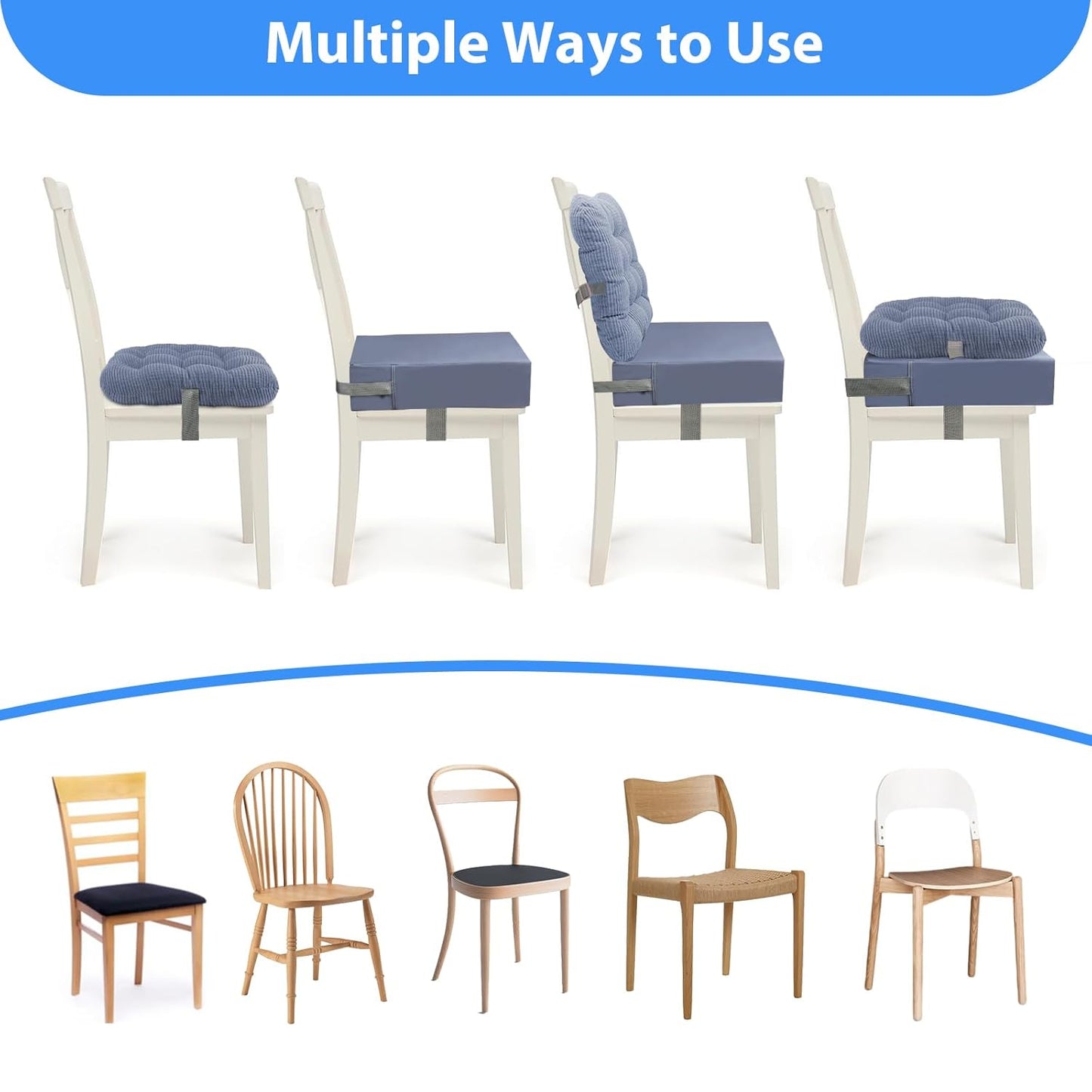 Booster Seat for Kitchen Chair - 2Pcs Toddler Booster Seat for Dining Table Adjustable Safety Belts & Non-Slip Bottom, PU Waterproof Easy Cleaning Booster Chair Cushion