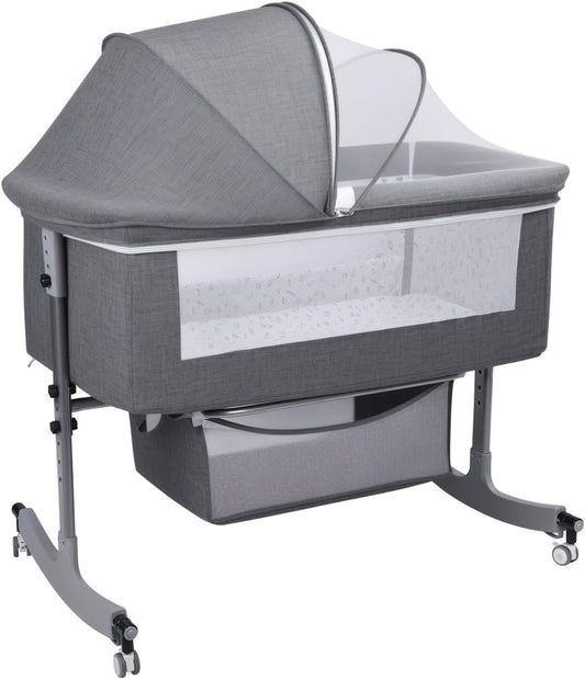 3-in-1 Baby Bassinet Bedside Sleeper for Newborns & Infants - 6-Level Height Adjustable, Portable Convertible Bassinet/Cradle with Mosquito Net, Storage Basket & Wheels,Easy Assemble (Grey)