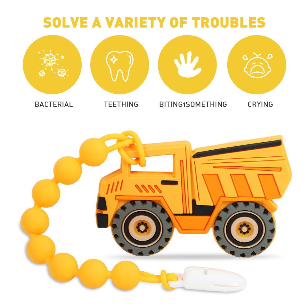 Baby Construction Vehicles Teething Toys,Food Grade Silicone Teether with One-Piece Pacifier Clip Holder,Shower Gift for 3 Months+ Boy and Girl,BPA Free,Freezer Safe. (Dump Truck)