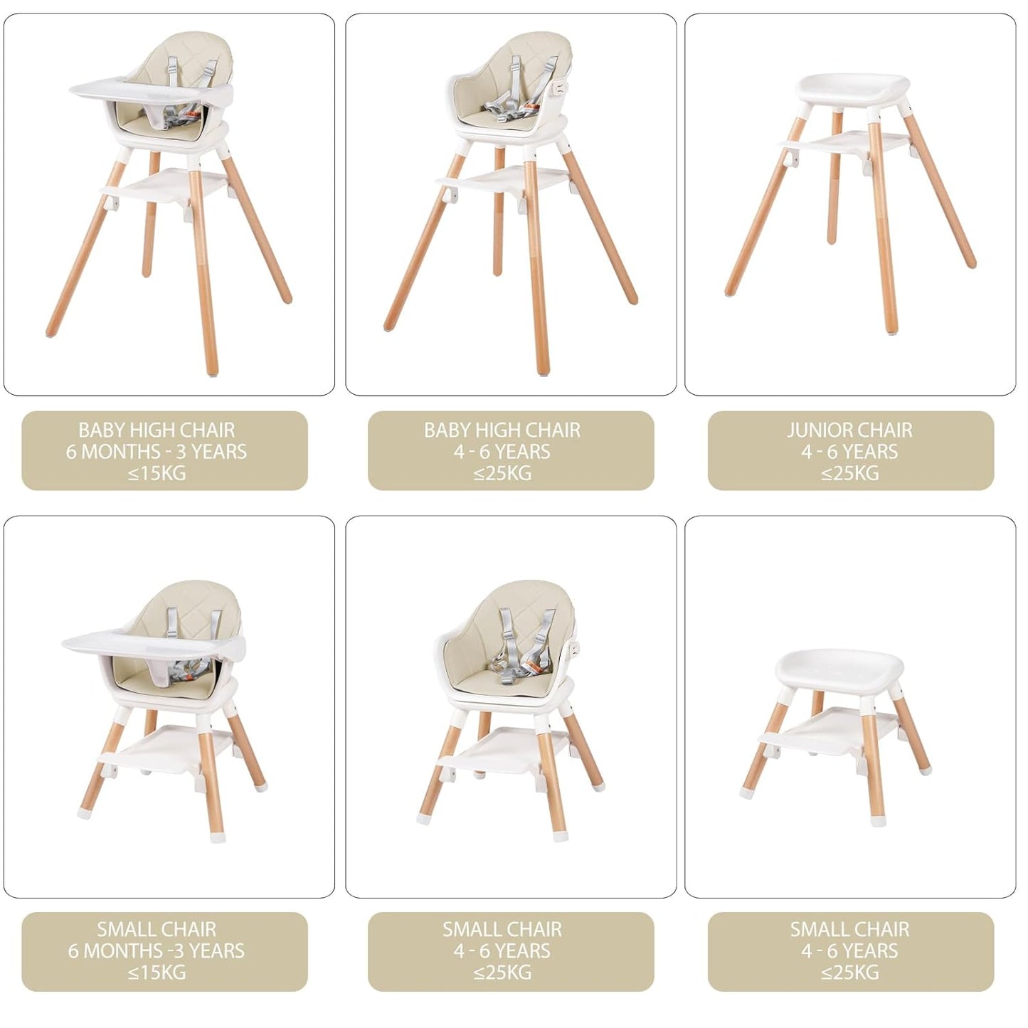 6 in 1 Baby High Chair, Convertible Wooden High Chairs/Booster Seat for Babies and Toddlers, Baby Feeding Chair with 5-Point Harness/Double Removable Tray & Adjustable Footrest (Beige)