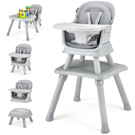 KOTEK Baby High Chair, 8 in 1 Convertible Highchairs for Babies and Toddlers, Building Block Table, Booster Seat, Toddler Chair with Removable Tray, Safety Harness, Dual Cushions (Gray)