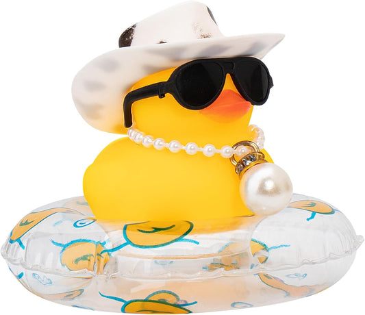 wonuu Car Rubber Duck, Yellow Duck Decoration Dashboard with Sun Hat Swim Ring Necklace Sunglasses for Car Dashboard Decorations, Black White Cowboy Hat-Transparent-Big Pearl