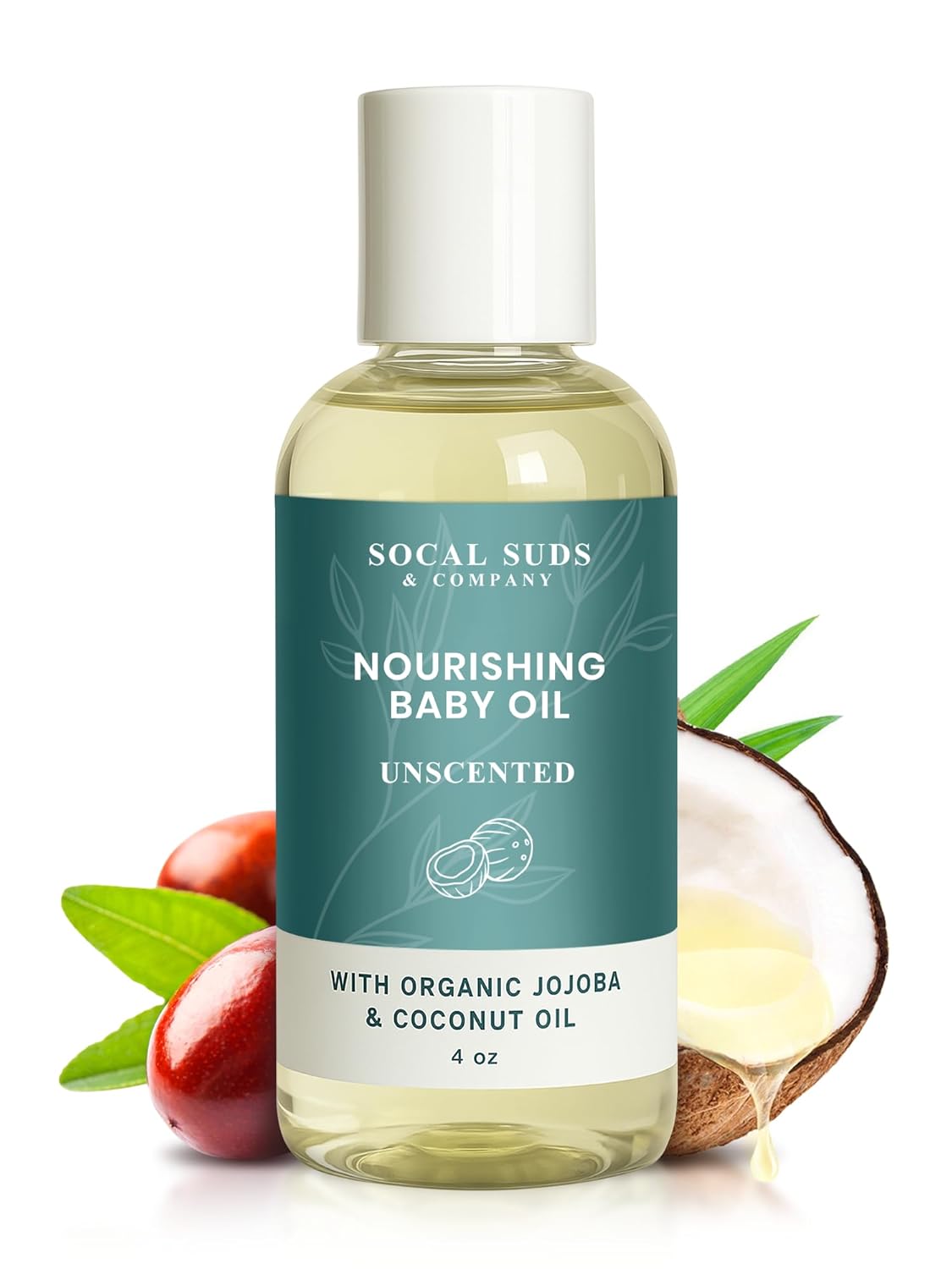 SoCal Suds & Company - Natural & Organic Baby Oil -Newborn Essentials -Gentle Moisturizing Nourishing Oil for Delicate Tender Skin -Vitamin-Enriched with Jojoba and Sunflower Oils -Fragrance Free, 4oz