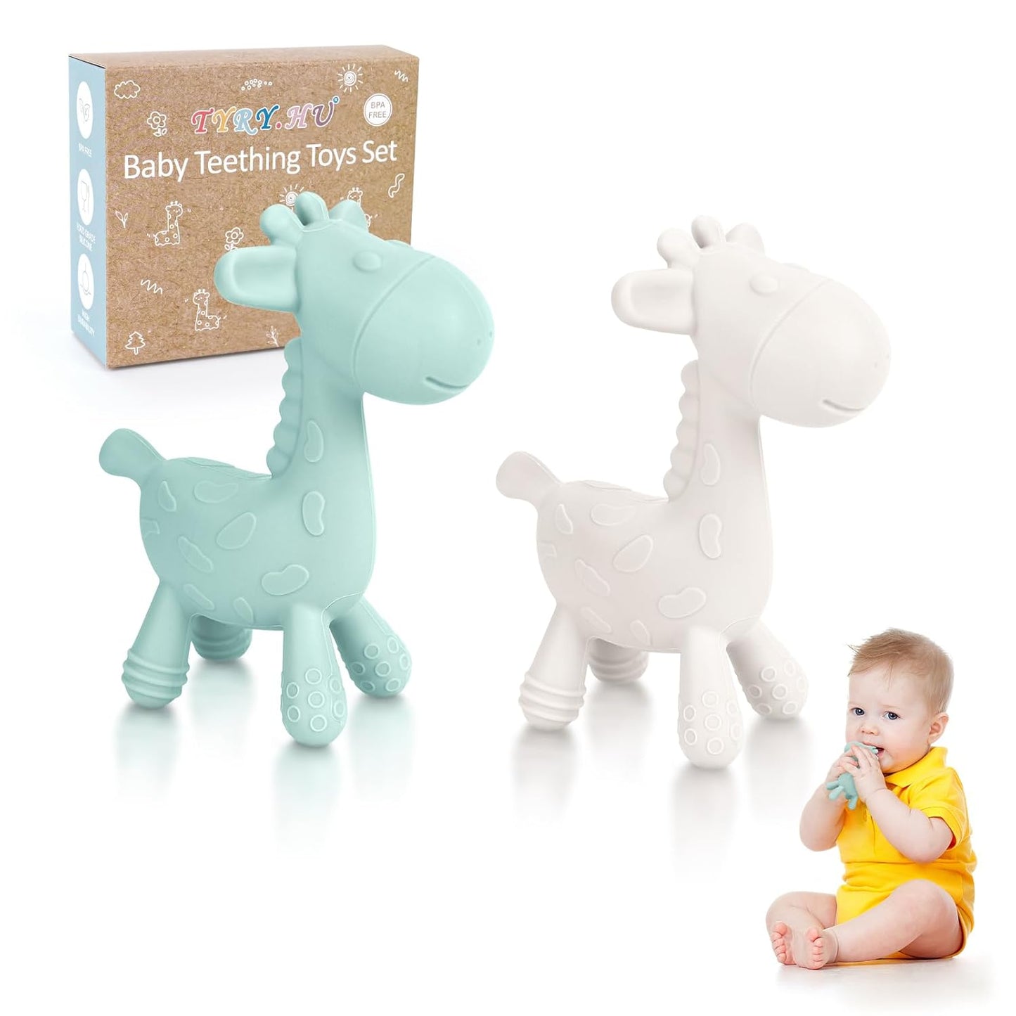 TYRY.HU Baby Teething Toys for Babies 0-6 6-12 Months,BPA Free Silicone Giraffe Teethers for Babies 3-6 Months, Soft-Textured Chew Toys Sensory Toys Massaging Teething Relief for Boys Girls,2 Pack