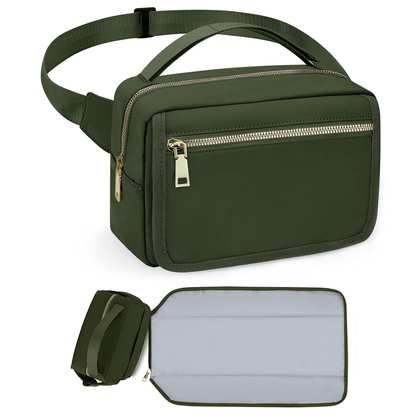 printe Small Diaper Bag with Portable Changing Pad, Crossbody Diaper Pack with Wipes Pocket, Women Waist Bag for Travel (Olive Green, Large)