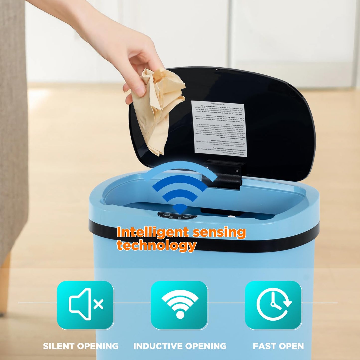 BestOffice | 13 Gallon Plastic Trash Can with Lid | Blue | Automatic Touchless Garbage Can | Odor Control | Modern Oval Design | Easy to Clean | Fits Any Kitchen, Bathroom, Office or Home