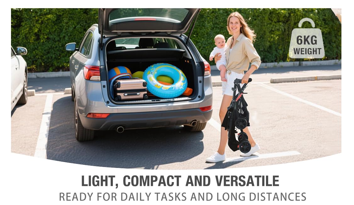 Ultra-Lightweight Stroller at Only 4.6kg, Foldable Compact Pushchair with Lie-Flat Position, Travel Pram from Birth to 40kg, Baby Buggy with Adjustable Backrest, Footrest, Canopy (A8 Grey)