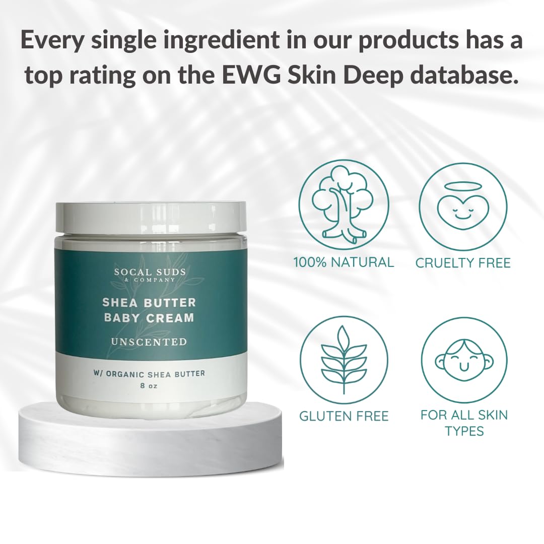 SoCal Suds & Company - Natural & Organic Baby Cream - Gentle Moisturizing Cream for Infant Skin, Nourishing with Aloe, Shea Butter & Coconut Oil, Tender Newborn Skincare - Fragrance Free, 8oz