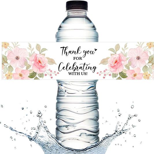 100PCS Wedding Water Bottle Labels Waterproof Greenery Floral Wraps Sticker for Water Bottle Baby Shower Bottle Label for Bridal Shower Party Thanks (Pink)