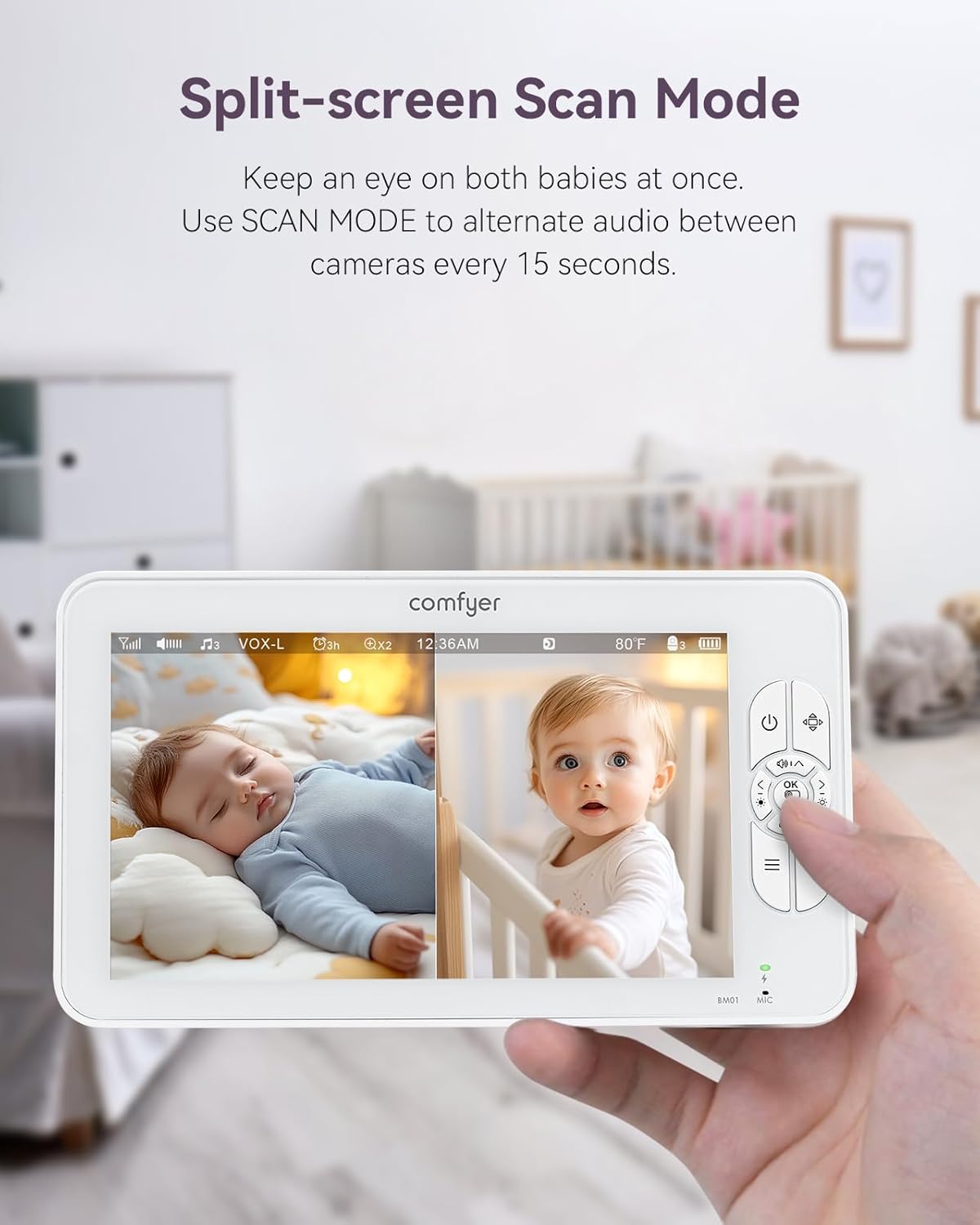 7" Split-Screen Baby Monitor with 2 1080P Cameras, 720P HD No WiFi Monitor with a Flexible Bracket, 6000mAh Battery, VOX Mode, 2 Way Audio, Remote PTZ, Auto Night Vision