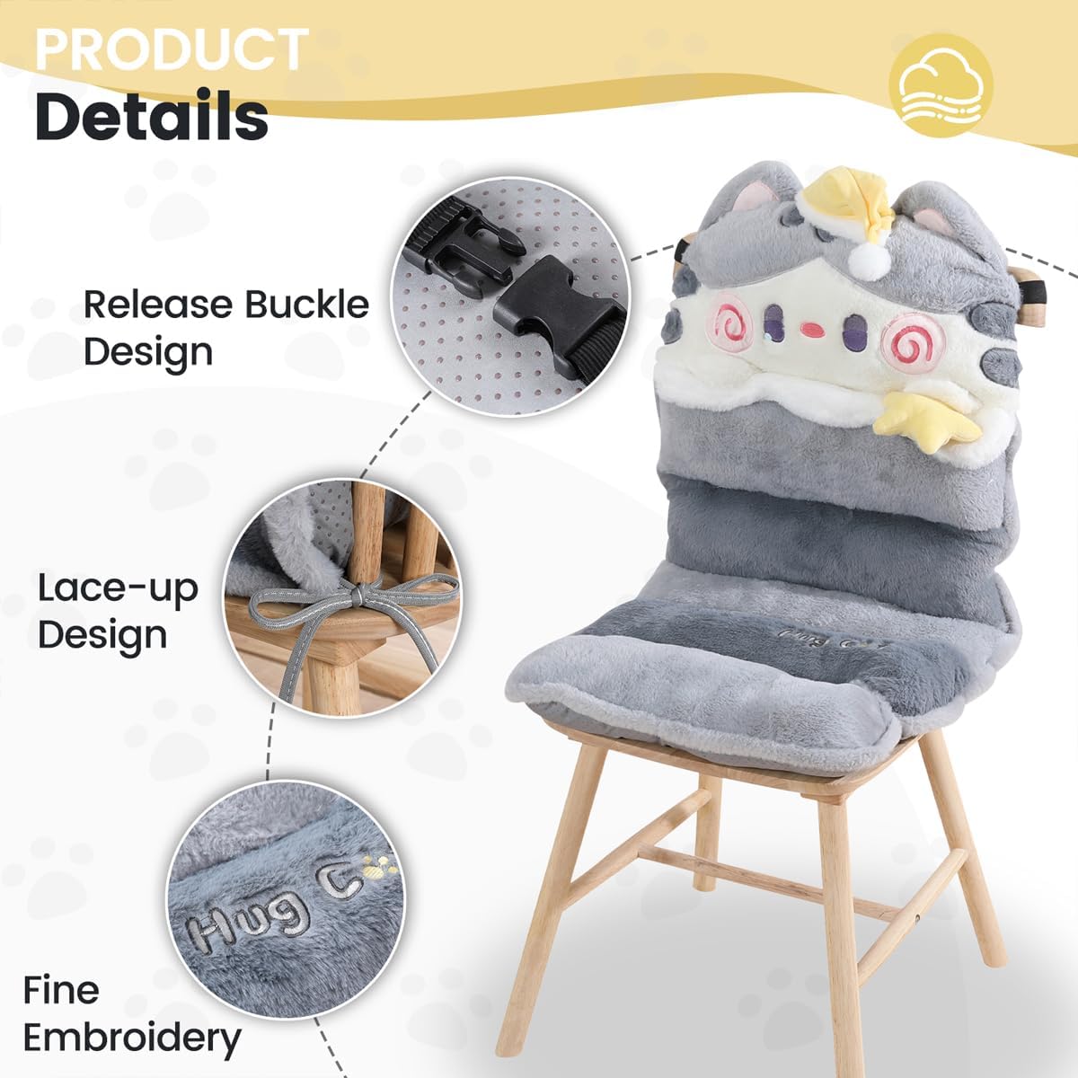 Cartoon Cat Seat Pads Non Slip Machine Wash Soft Cushion for Bedroom Décor, Gamer and Dining Chairs (31"x15", Grey)