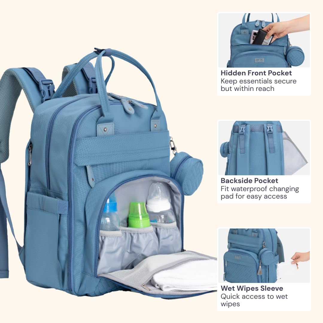 BabbleRoo Diaper Bag Backpack - Baby Essentials Travel Tote - Multi function Water Resistant Diaper Bag, Travel Essentials Baby Bag with Changing Pad, Stroller Straps & Pacifier Case - Light Blue
