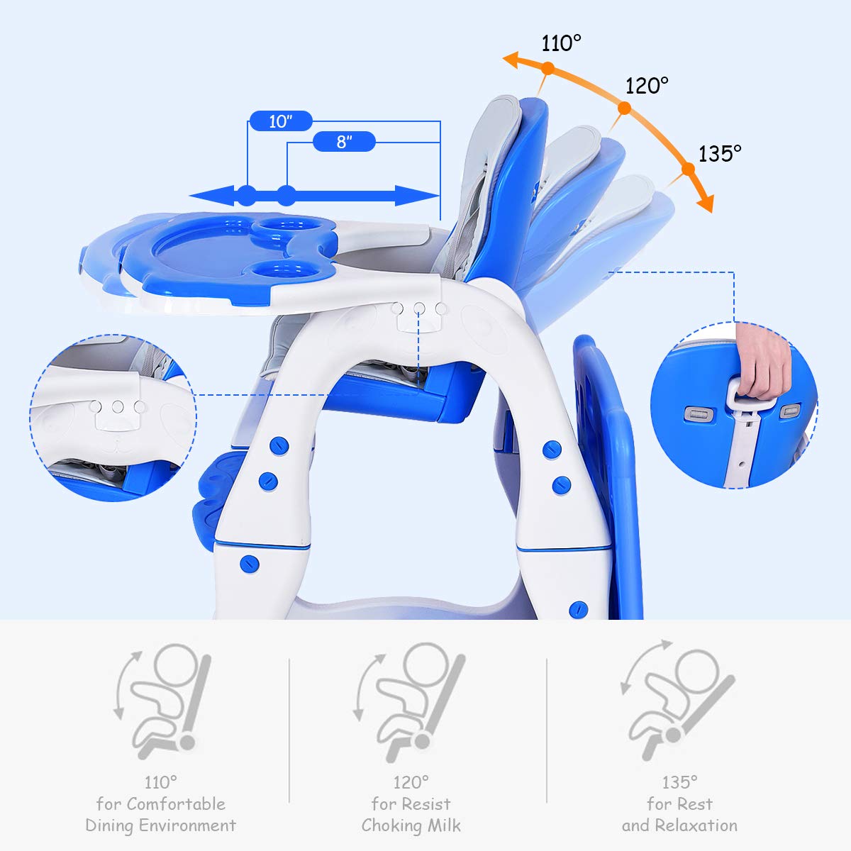 Costzon Baby High Chair, 3 in 1 Infant Table and Chair Set, Convertible Booster Seat with 3-Position Adjustable Feeding Tray, Adjustable Seat Back, 5-Point Harness (Blue)