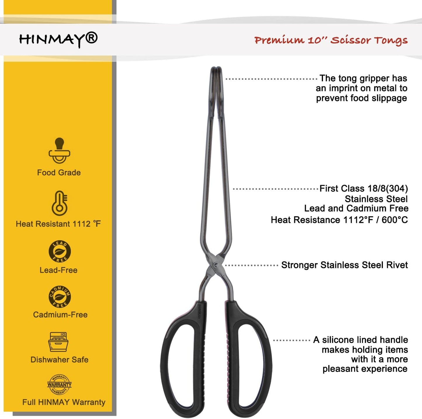 10" Stainless Steel Scissor Tongs with Comfort-Grip Handle (Black)