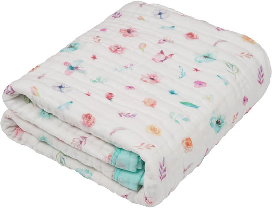 Organic Cotton Muslin Baby Blanket for Boys and Girls - Luxurious Soft Toddler Quilt for Swaddling - Gender Neutral Blanket - Baby and Toddler Gift - Pastel Floral