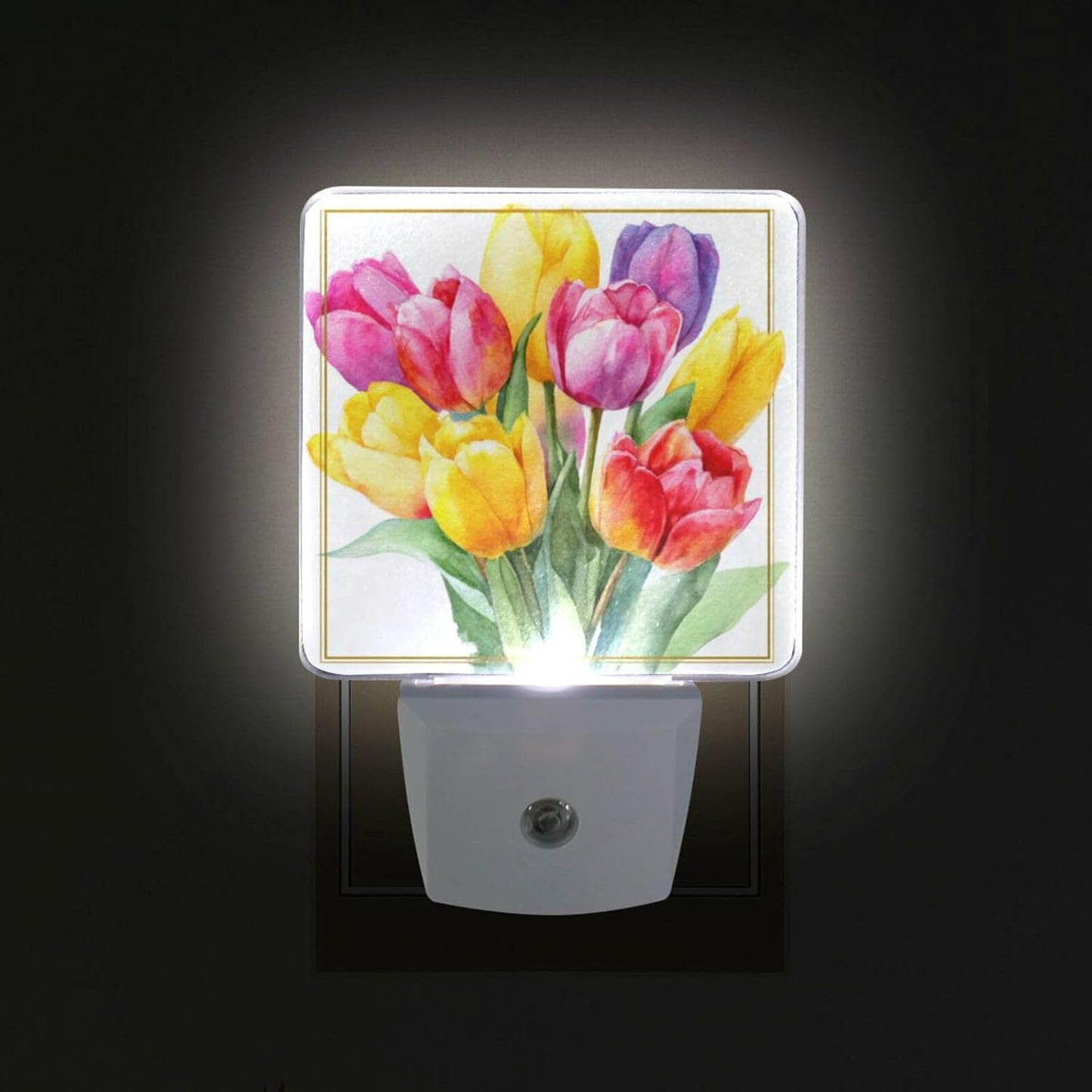 Aslsiy Night Light for Kids Watercolor Tulips in Vibrant Colors (4) Plug in Wall Lamp LED Dusk to Dawn Sensor Energy Saving Nightlight for Boys Girls Men Women