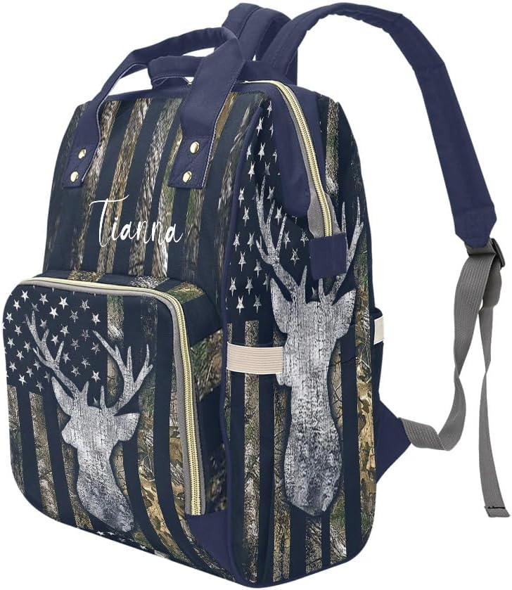 American Flag Camo Deer Blue Diaper Bags with Name Waterproof Mummy Backpack Nappy Nursing Baby Bags Gifts Tote Bag for Women