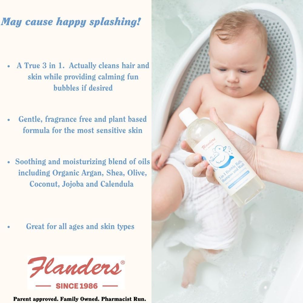 Flanders Bubble Bath - Shampoo & Wash 3-in-1, Pharmacist Developed, Plant Based, Unscented, Clean Ingredients, Calming & Fun for Sensitive Skin, All Ages (2 Pack of 15oz Bottles)