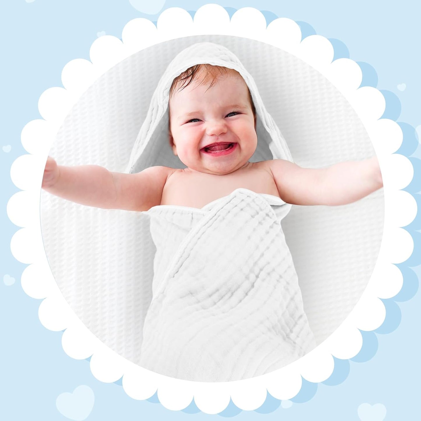 Peryiter 6 Pcs Muslin Hooded Baby Towels, 32"x 32" Cotton Newborn Bath Towel Muslin Infant Baby Blankets Absorbent Unisex Newborn Registry Gift Essentials for Girls Boys (Blue)