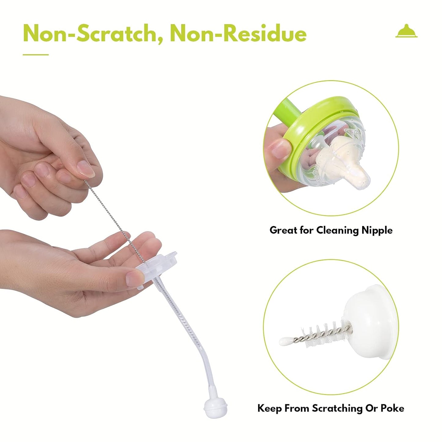 Baby Bottle Brush with One Base Hidden Nylon Nipple Cleaner, 2 Pcs Sponge Nipple Brushes, 2 Pcs Straw Brushes, Bottle Brush with Nipple Cleaner and Suction Cup (Green)