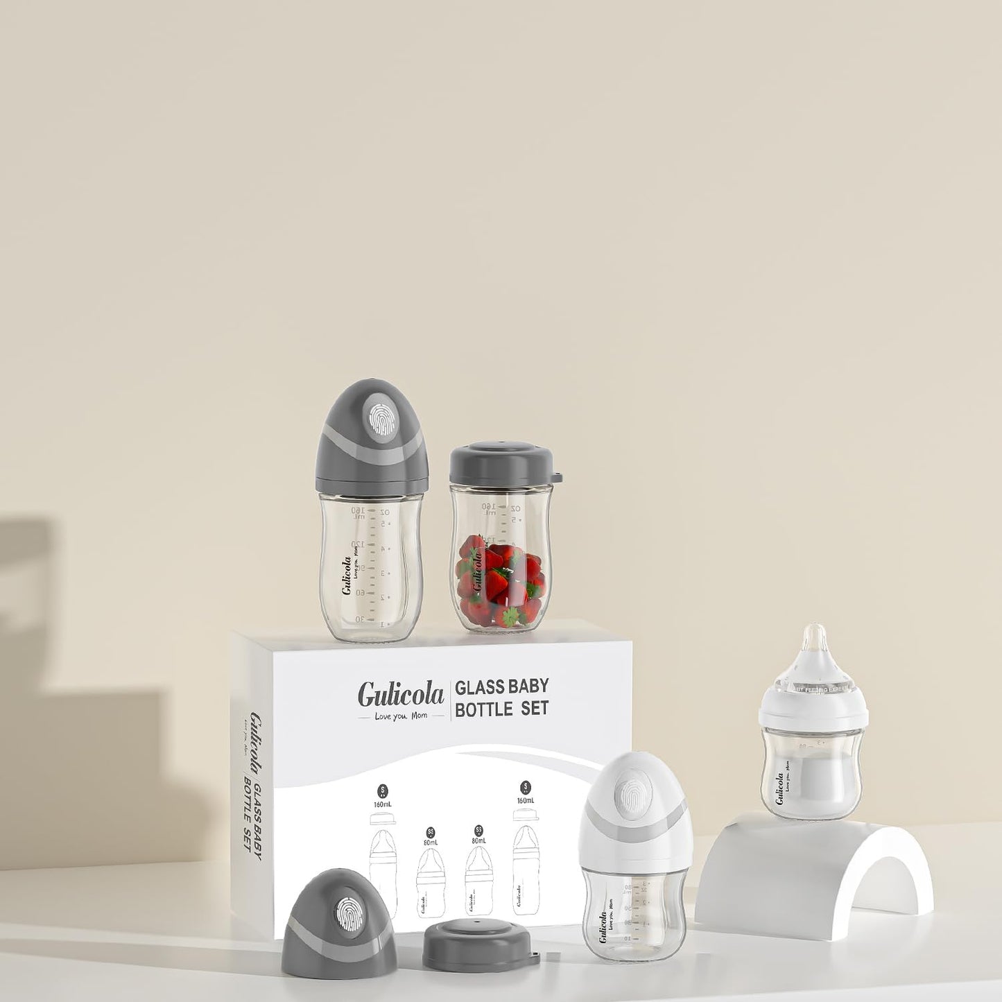 Gulicola Natural Glass Baby Bottles Set 4 Pack, Newborn Boy Breastfeeding Bottles with Slow Flow Nipples, 0 Months+, 3 oz & 5 oz - Black/White