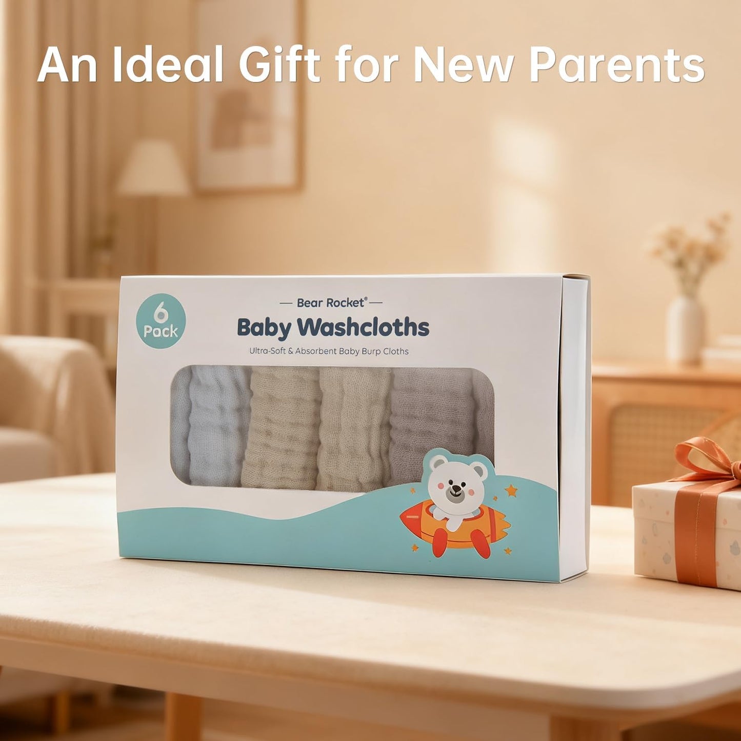 Organic Muslin Baby Washcloths 6 Pack Baby Bath Face Towel 12x12 Inch Extra Absorbent and Soft Burp Cloth and Wash Cloths for Newborn-Infants On Sensitive Skin (Blue Brown Grey)