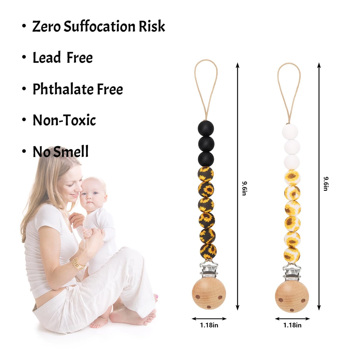 Pacifier Clips, 2PCS Silicone Soother Clips, BPA Free Pacifier Clip Pacifier Holder for Newborn Baby Boy Girl Gifts, Sunflower