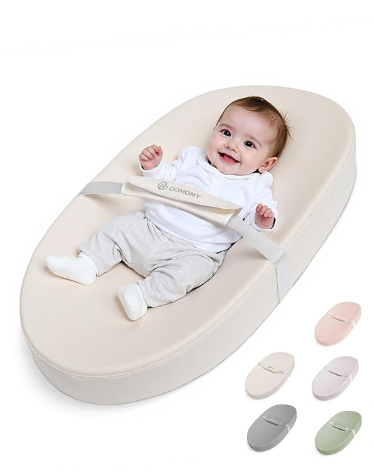 COMOMY Baby Changing Pad with Wipeable & Waterproof PU Cover, Contoured Diaper Changing Pad for Dresser with Non-Slip Safety Belt, Portable and Lightweight, Large Cushioned Foam, Beige