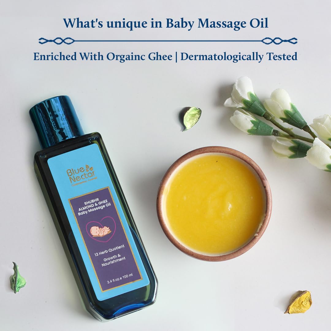 Blue Nectar Ayurveda Gentle Baby Oil for Newborn Skin Care -Moisturizing Baby Massage Oil(3.38 Fl Oz) Along with Baby Hair Oil with Organic Ghee, Almond Oil, Coconut Oil (3.38 Fl Oz)