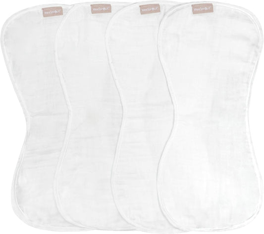 WeeSprout Unisex Organic Towel Cotton Burp Cloths, Set of 4, Four Ultra-Absorbent Layers Keep Clothes Dry, Button Transforms into Baby Bib, Machine Washable & Dryer Safe (White Set, Full)